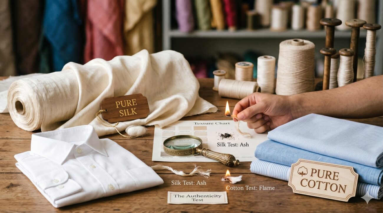 Close-up of a woman testing fabric texture between her fingers while shopping for ethnic wear - pure cotton and silk identification guide by Mahavir Cloth Center, Kolhapur
