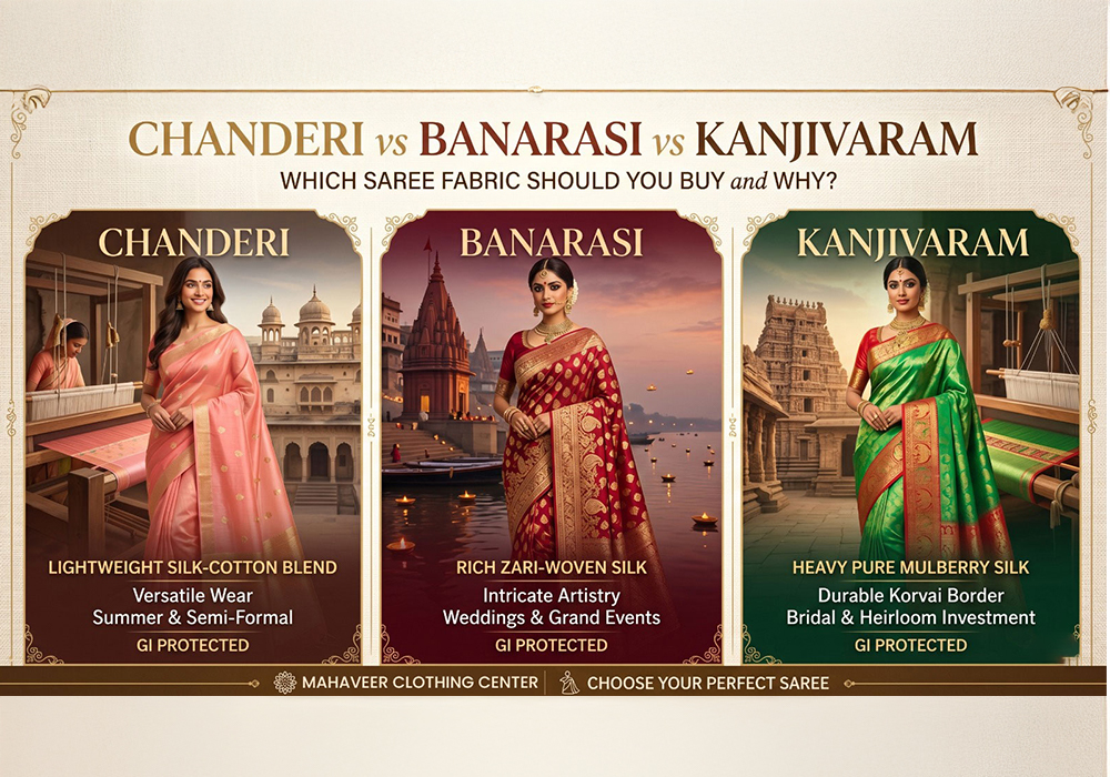 hree sarees side by side, Chanderi silk-cotton, Banarasi silk with gold zari, and Kanjivaram silk with temple border, fabric comparison guide by Mahavir Cloth Center, Kolhapur
